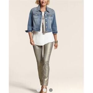Chico's Platinum Gold Denim Glitter Slim Leg Jeans US 12 Chicos Size 2